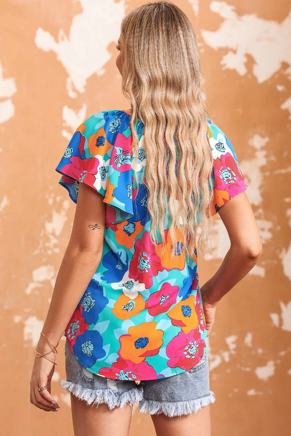 Floral Print V Neck Short Sleeve Blouse