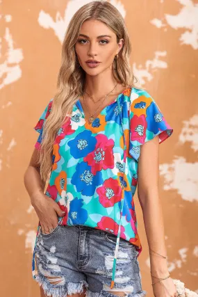 Floral Print V Neck Short Sleeve Blouse