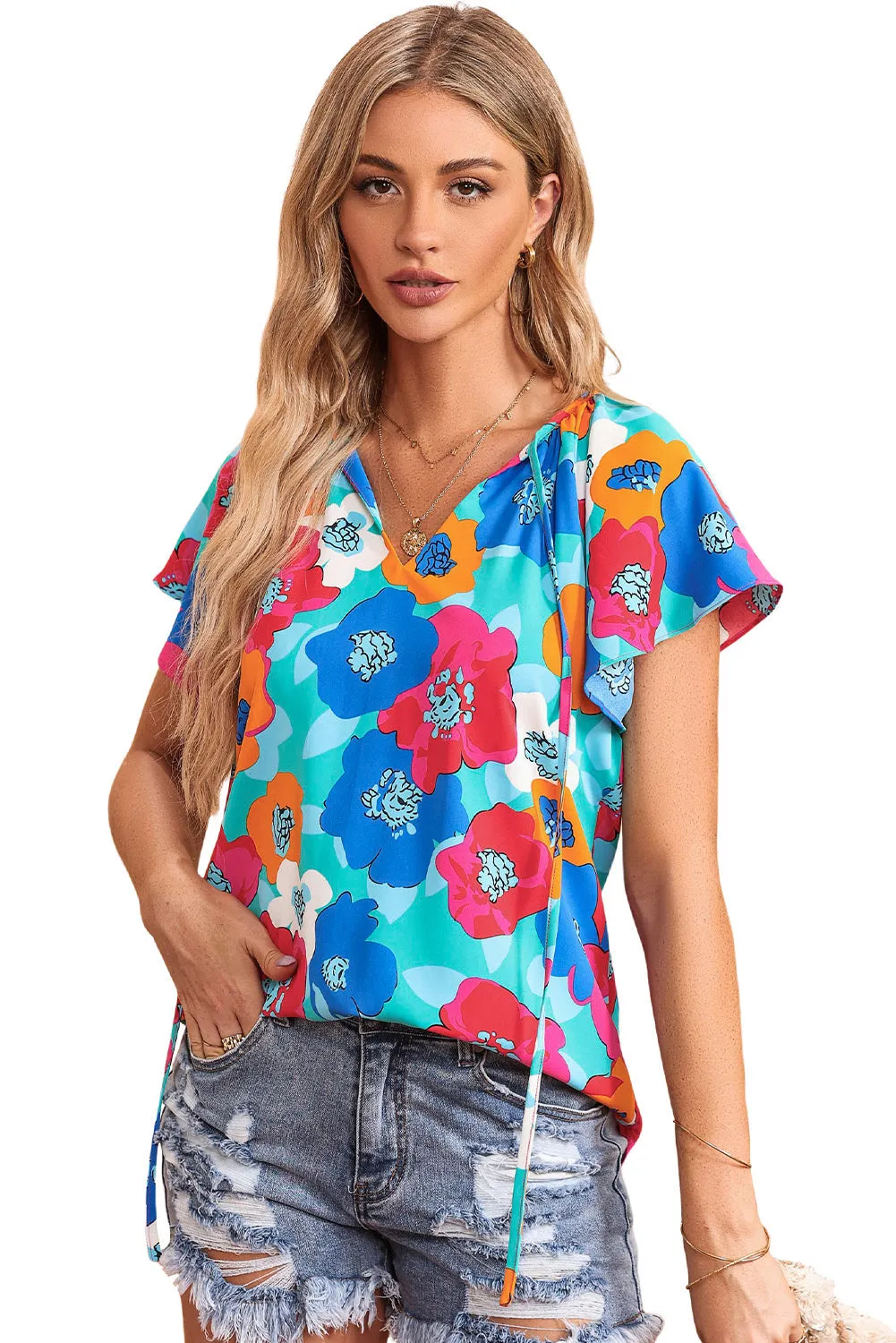 Floral Print V Neck Short Sleeve Blouse