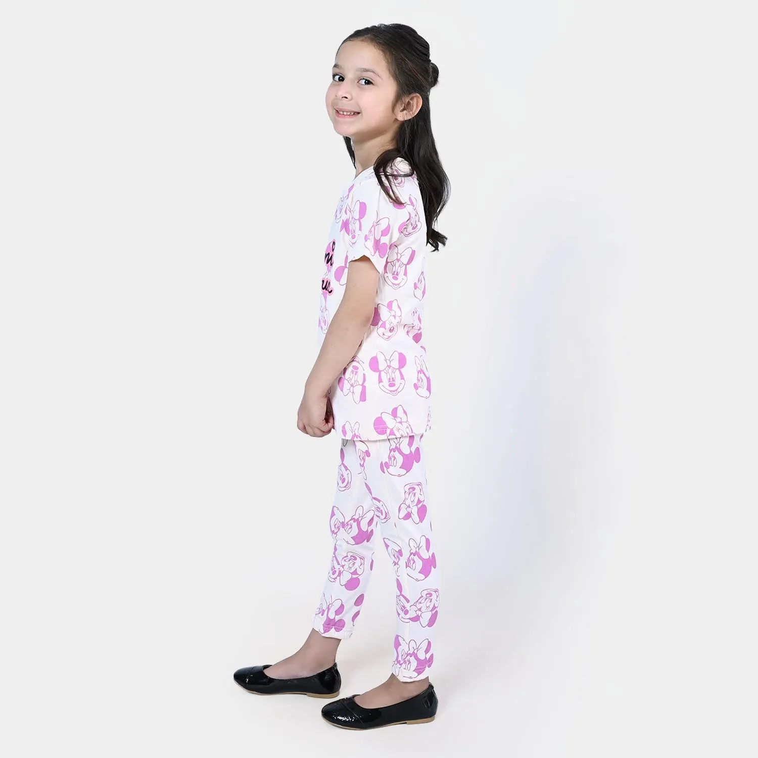 Girls Cotton 2PCs Suit Character - White/Pink
