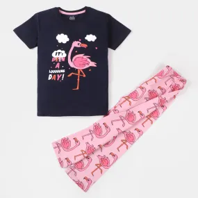 Girls Knitted Night Suit - Navy/Pink