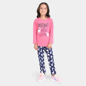 Girls Poly Cotton Jersey Knitted Night Suit LLAMA-Camellia R