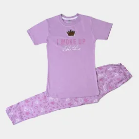 Girls Poly Cotton Jersey Night Suit I Woke Up Like this-Tulip