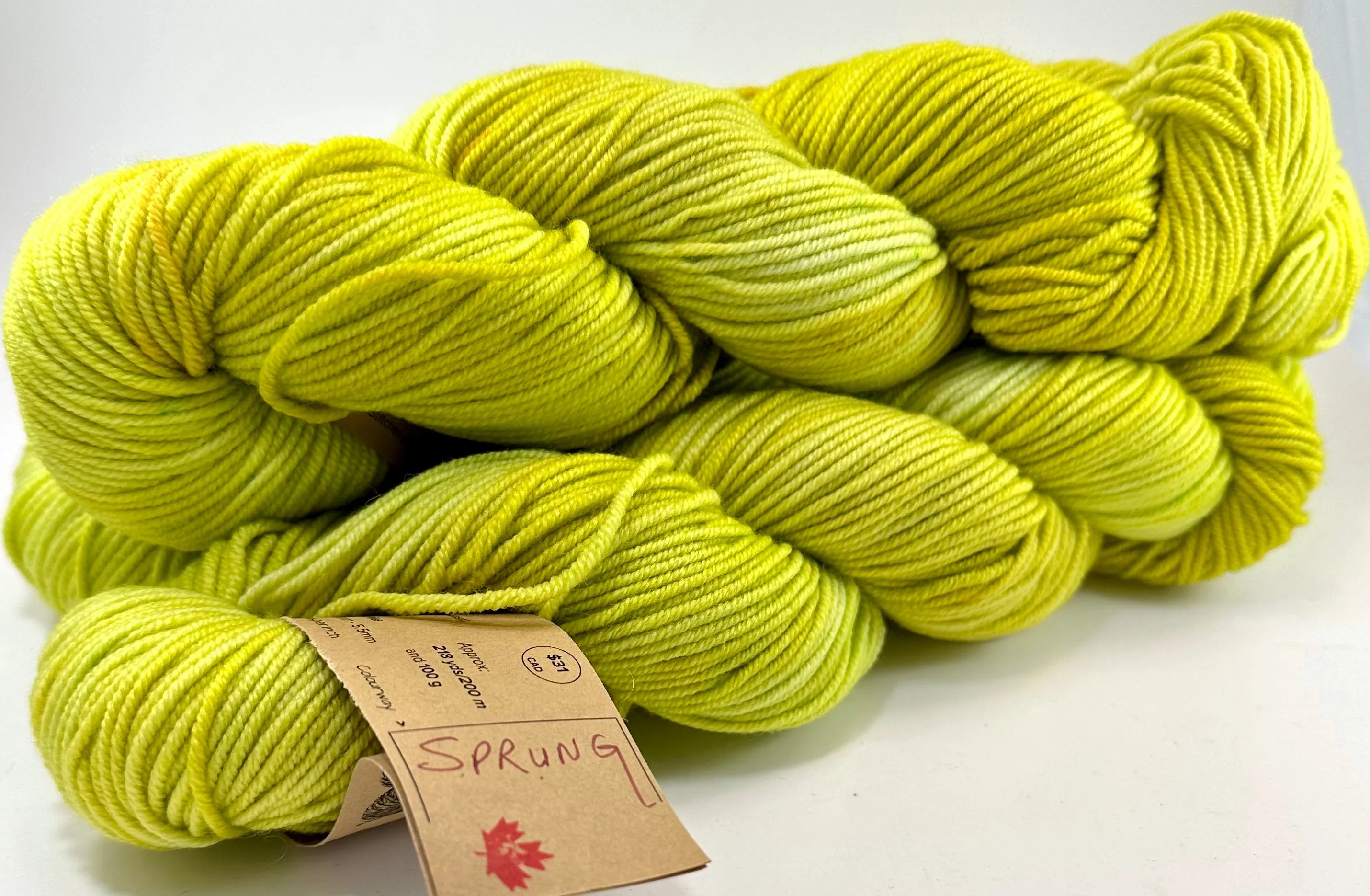 Hand Dyed Yarn "Sprung" Lime Chartreuse Acid Green Yellow Gold Polwarth DK Superwash 246yds 100g