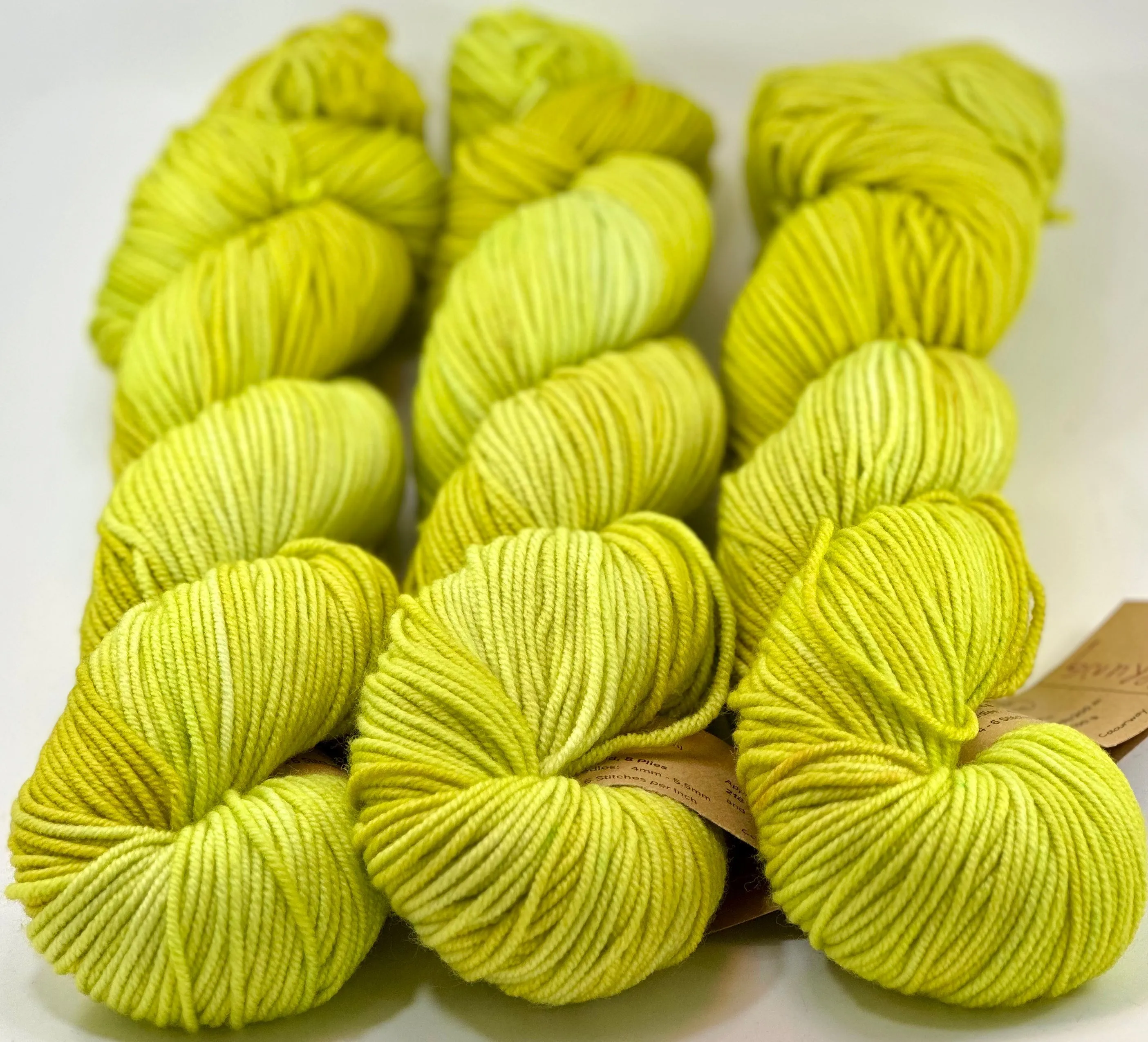 Hand Dyed Yarn "Sprung" Lime Chartreuse Acid Green Yellow Gold Polwarth DK Superwash 246yds 100g