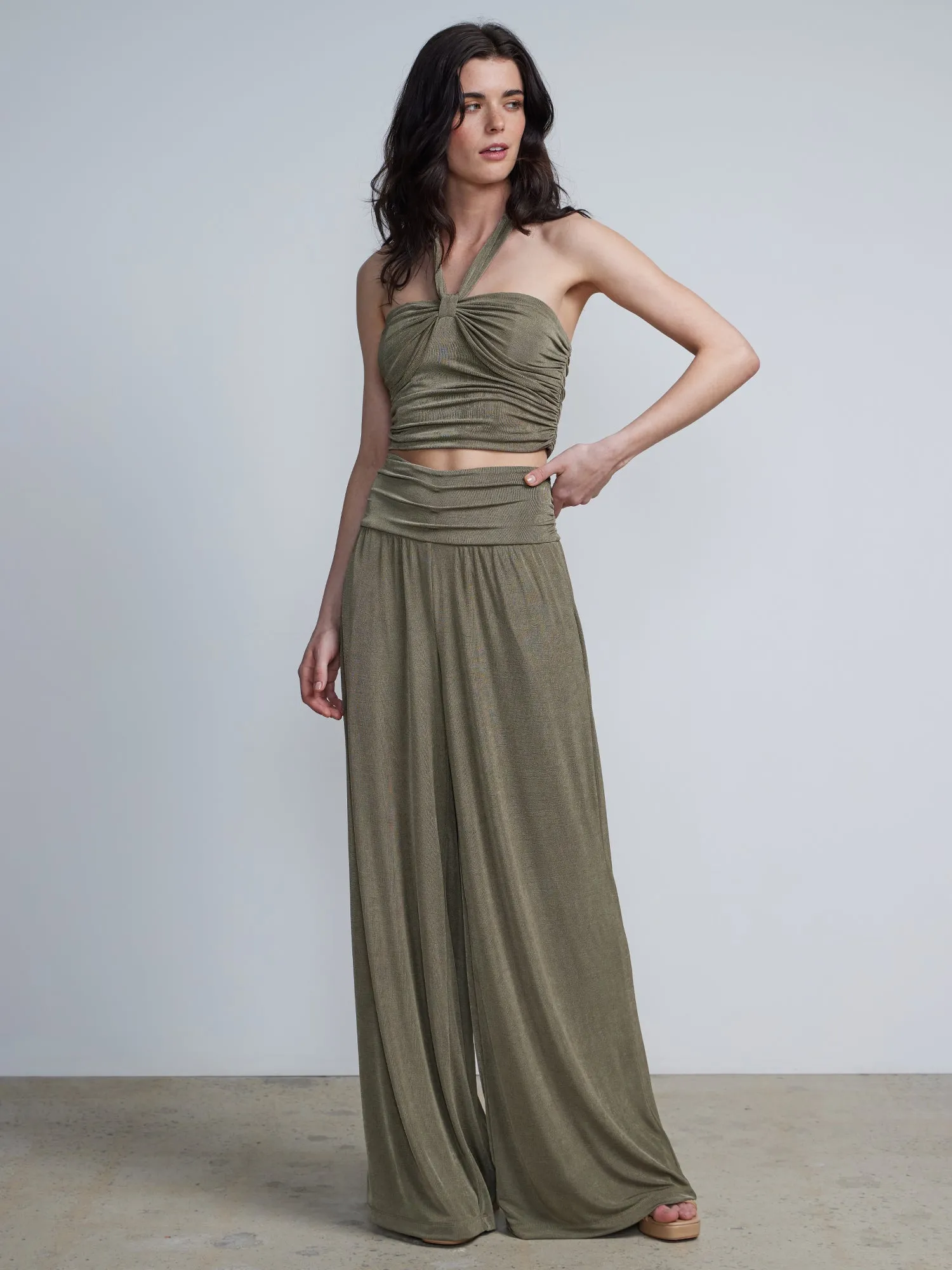 High Rise Ruched Waist Wide Leg Pants