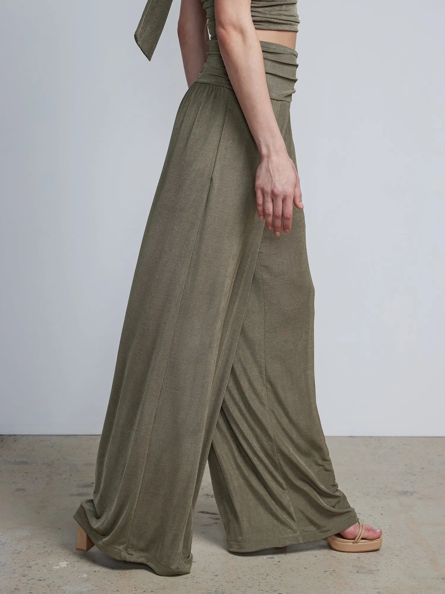 High Rise Ruched Waist Wide Leg Pants