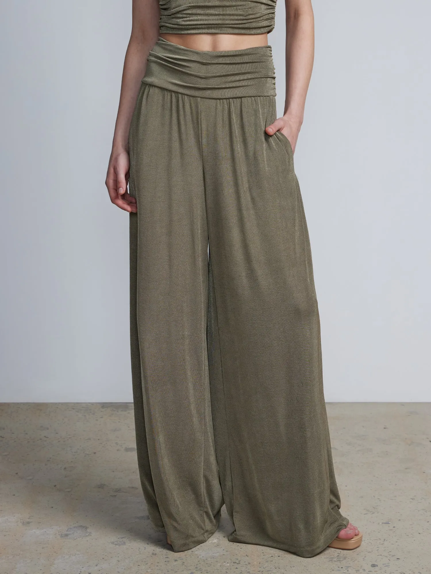 High Rise Ruched Waist Wide Leg Pants