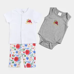 Infant Girls Cotton Interlock 3PCs Set -White/Grey