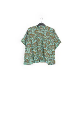 Khaki and turquoise oversized cotton-poplin shirt with floral print