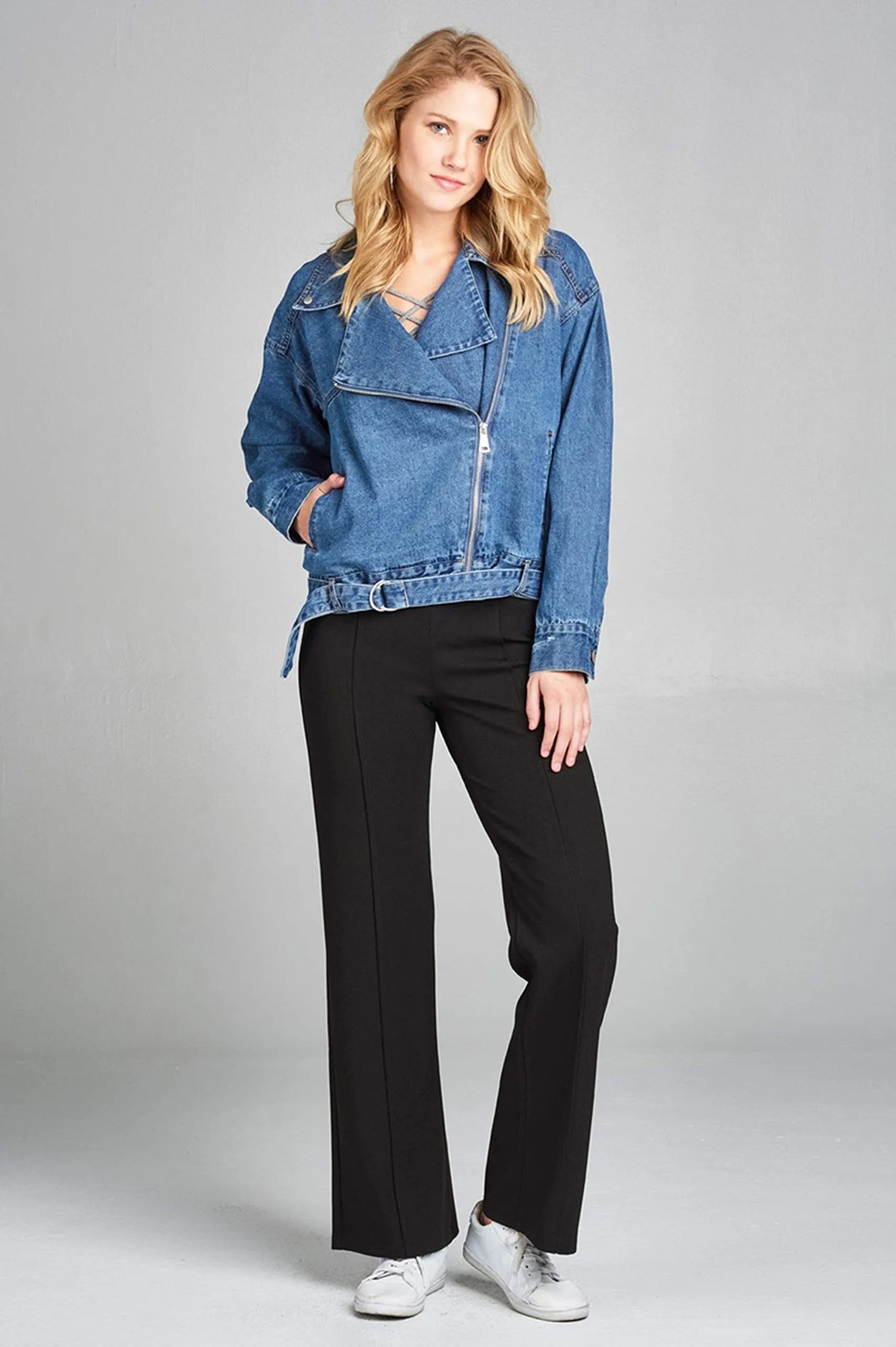 Khanomak Women's Notched Lapel Asymmetric Zip Moto Denim Jacket