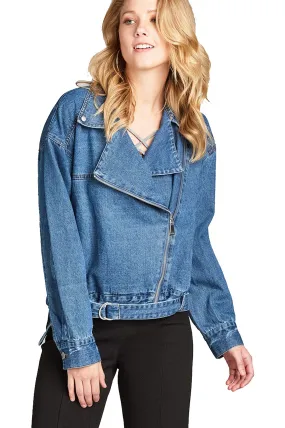 Khanomak Women's Notched Lapel Asymmetric Zip Moto Denim Jacket