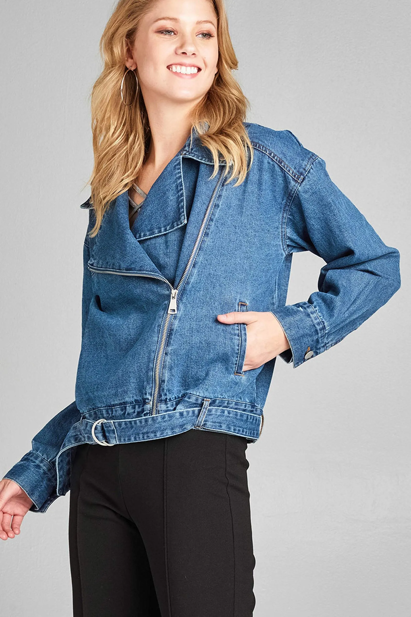 Khanomak Women's Notched Lapel Asymmetric Zip Moto Denim Jacket