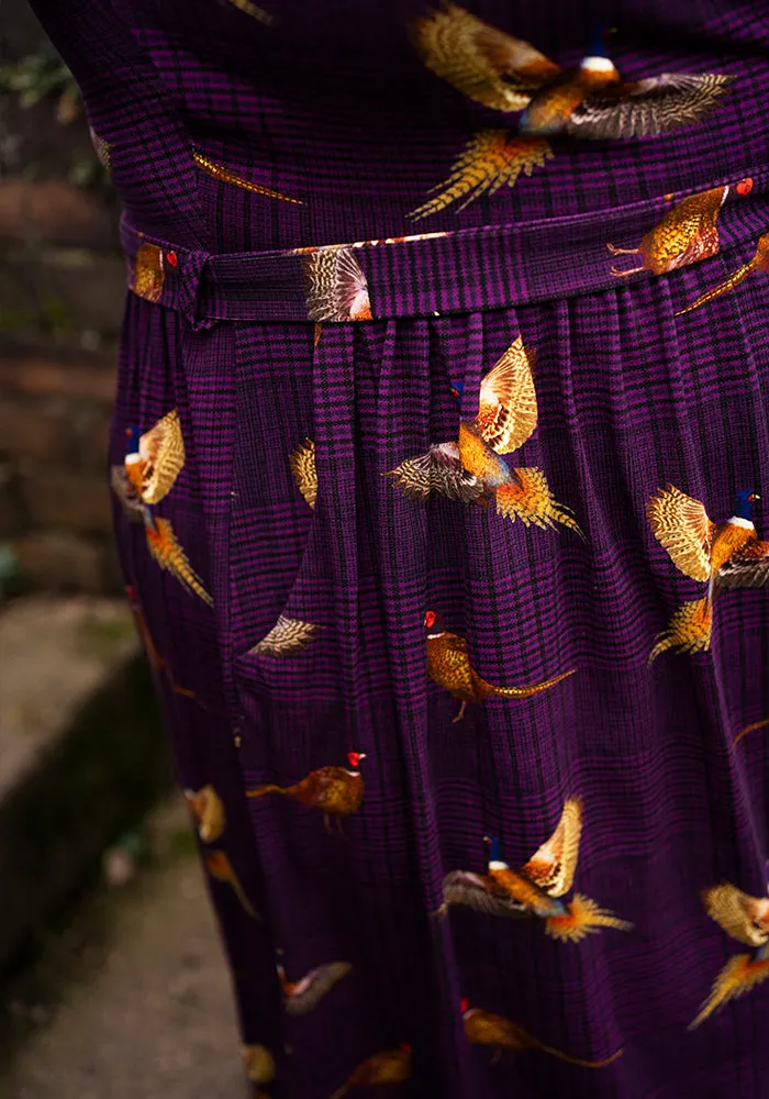 Laine Purple Pheasant Print Cotton Midi Dress