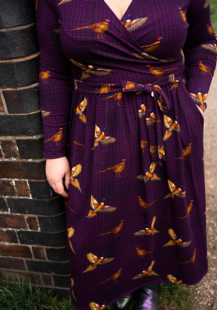 Laine Purple Pheasant Print Cotton Midi Dress