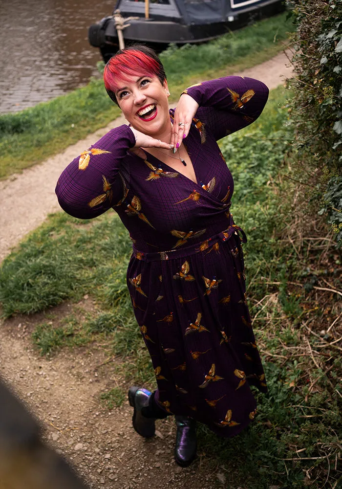 Laine Purple Pheasant Print Cotton Midi Dress