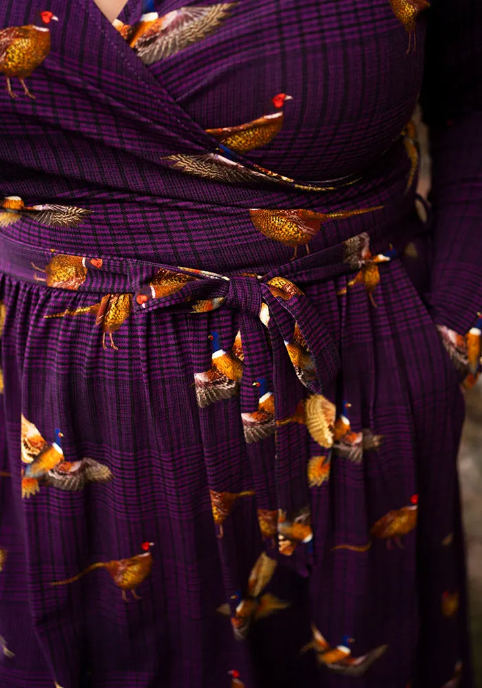 Laine Purple Pheasant Print Cotton Midi Dress