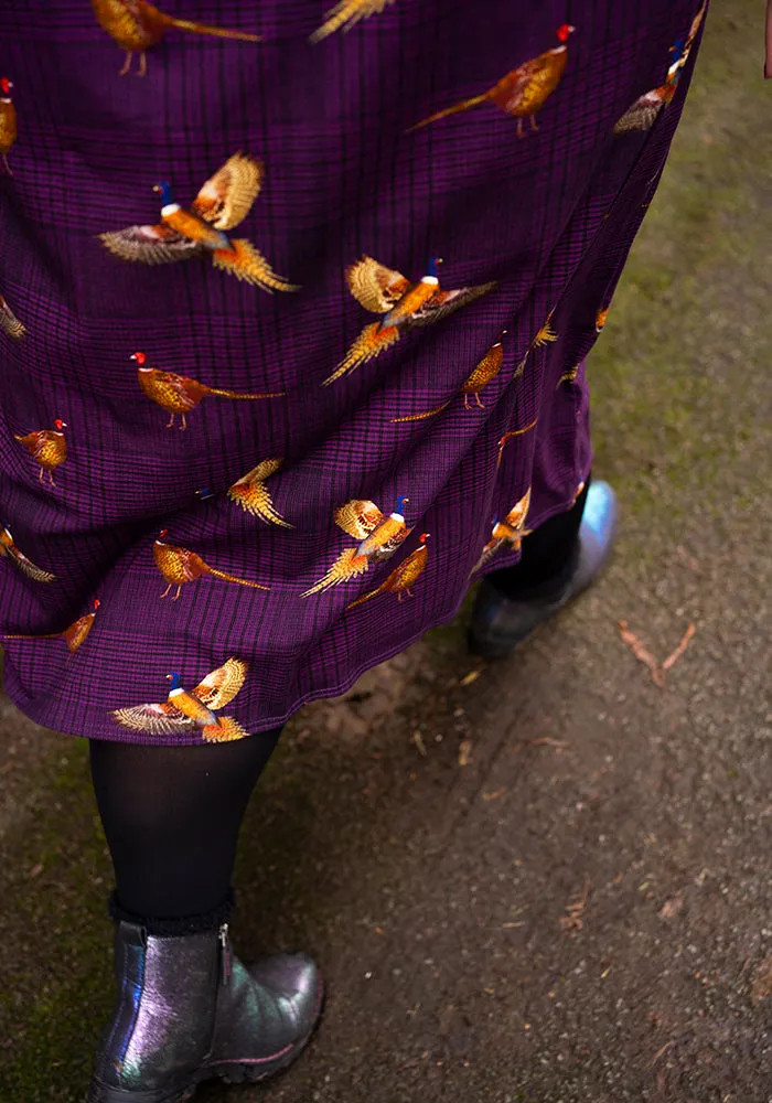 Laine Purple Pheasant Print Cotton Midi Dress