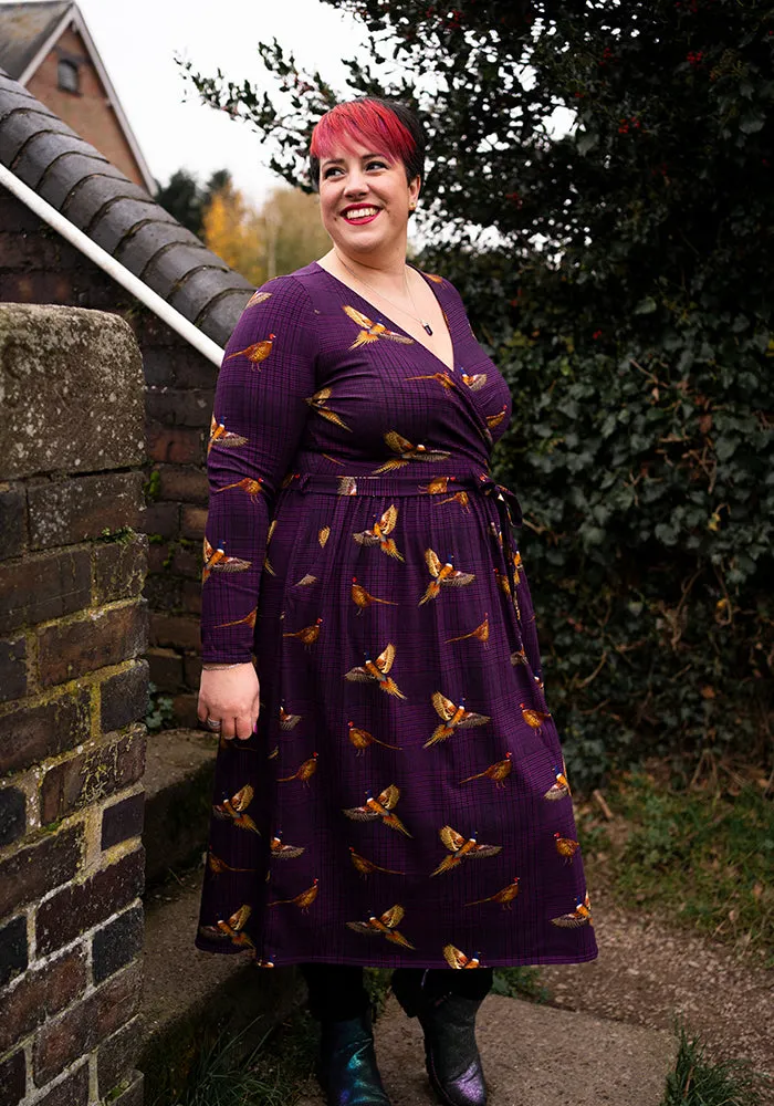 Laine Purple Pheasant Print Cotton Midi Dress
