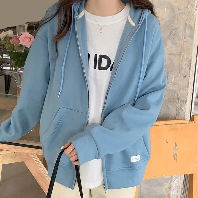 LANFUBEISI Autumn Chic Zip-up Hoodies Female Casual Street Loose Thin Blue Gray Apricot Sweatshirt Pocket Hooded Women Cardigans