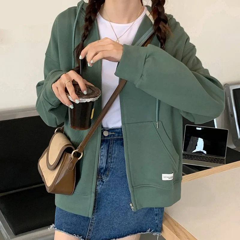 LANFUBEISI Autumn Chic Zip-up Hoodies Female Casual Street Loose Thin Blue Gray Apricot Sweatshirt Pocket Hooded Women Cardigans