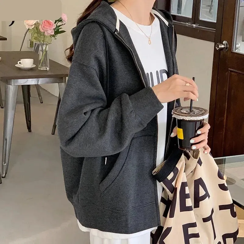 LANFUBEISI Autumn Chic Zip-up Hoodies Female Casual Street Loose Thin Blue Gray Apricot Sweatshirt Pocket Hooded Women Cardigans