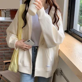LANFUBEISI Autumn Chic Zip-up Hoodies Female Casual Street Loose Thin Blue Gray Apricot Sweatshirt Pocket Hooded Women Cardigans