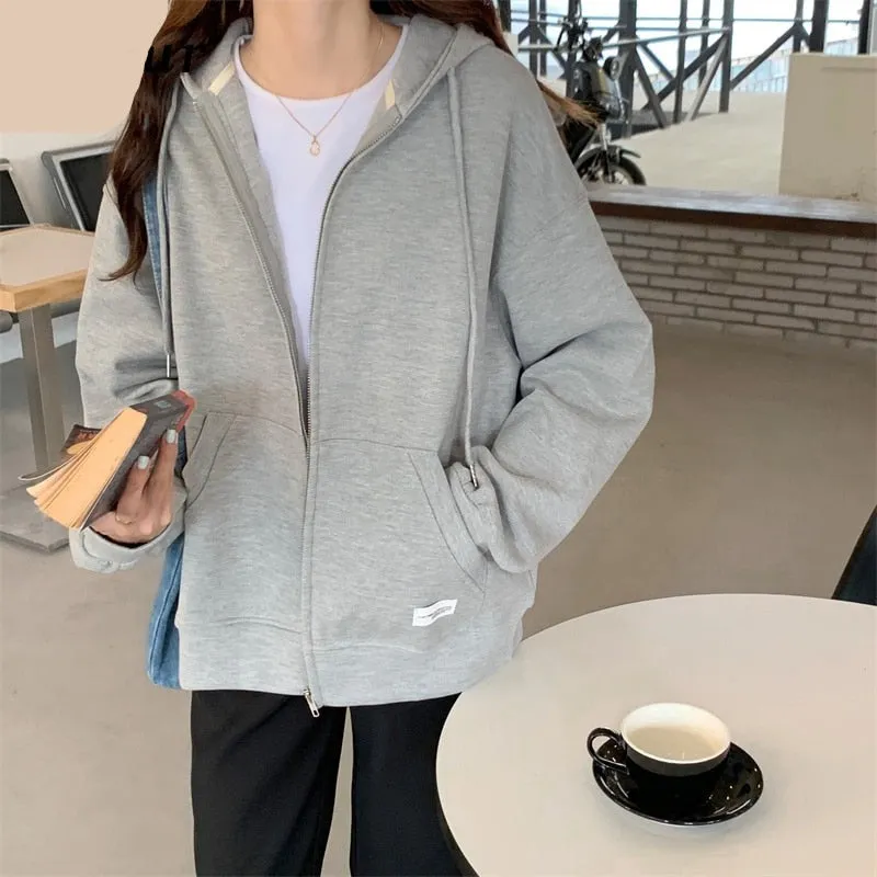 LANFUBEISI Autumn Chic Zip-up Hoodies Female Casual Street Loose Thin Blue Gray Apricot Sweatshirt Pocket Hooded Women Cardigans