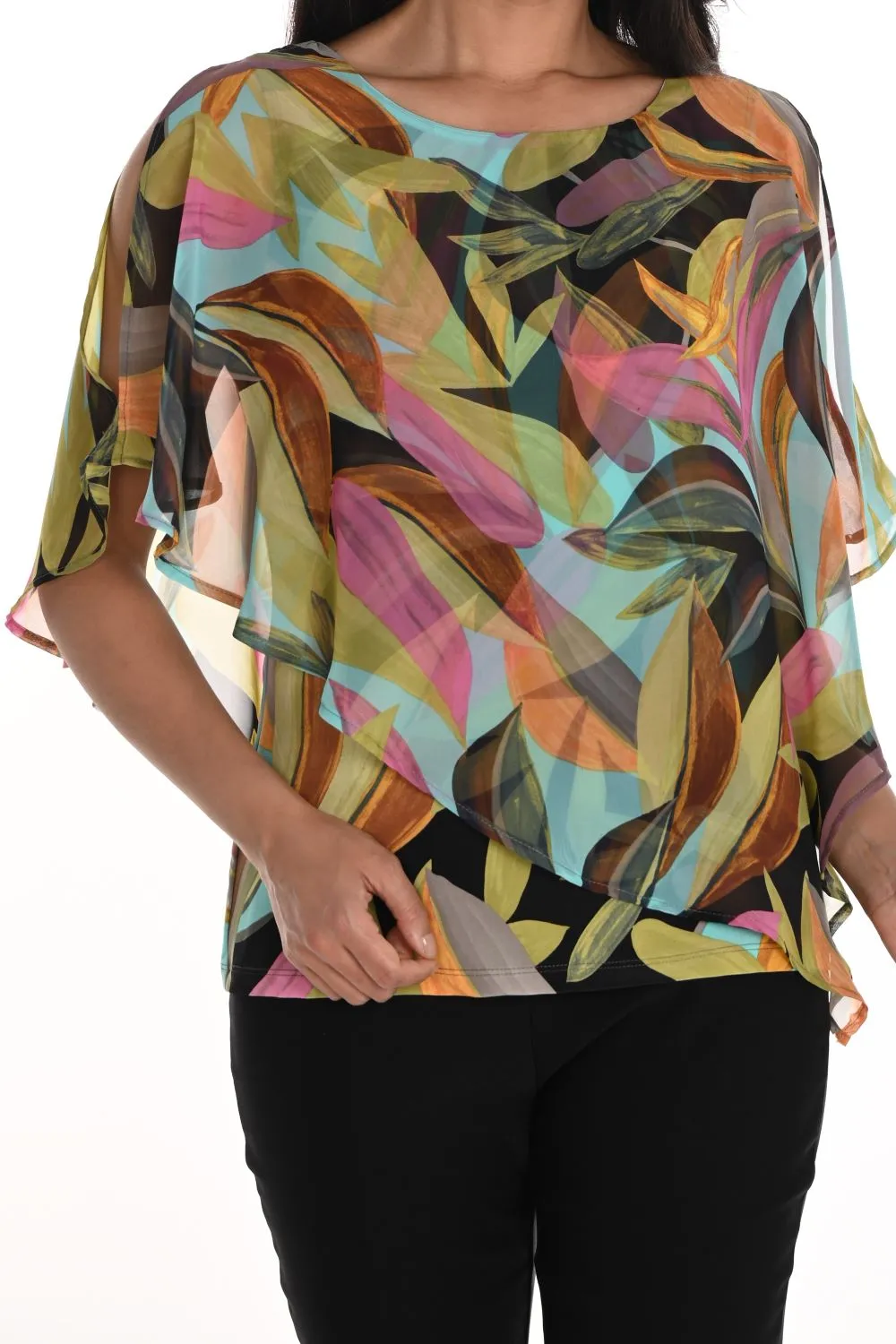 Leaf Print Chiffon Overlay Top