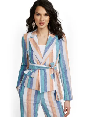 Linen-Blend Multistripe Tie-Waist Jacket