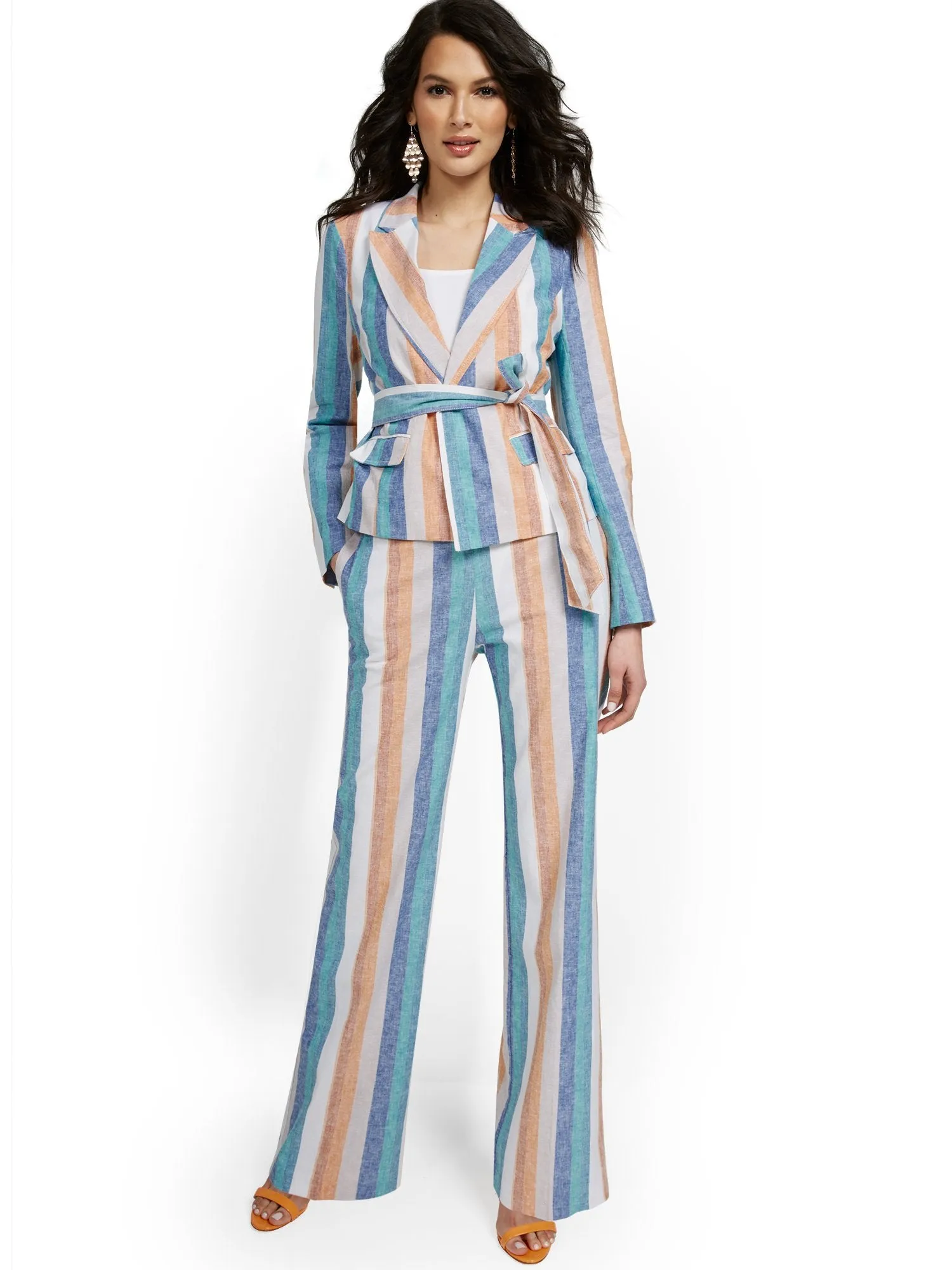 Linen-Blend Multistripe Tie-Waist Jacket