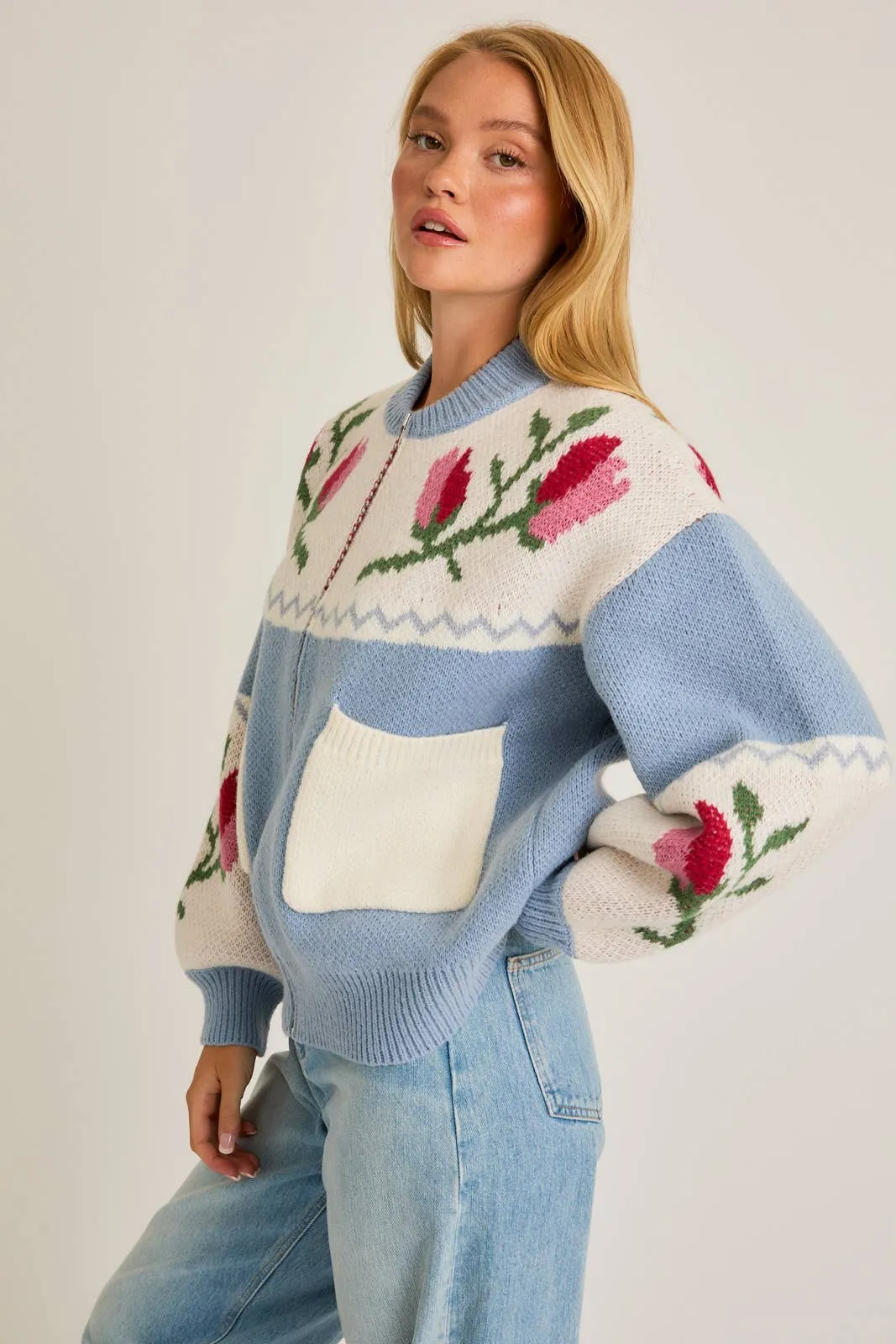 LONG SLEEVE FLORAL PATTERN SWEATER JACKET