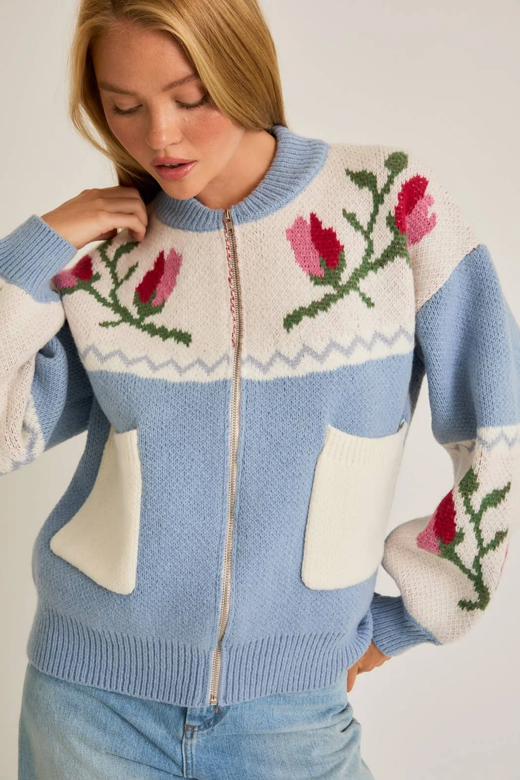 LONG SLEEVE FLORAL PATTERN SWEATER JACKET