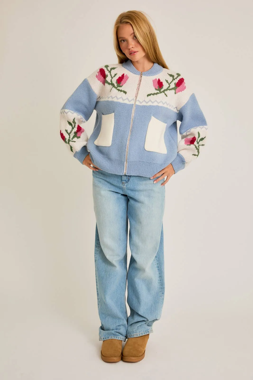 LONG SLEEVE FLORAL PATTERN SWEATER JACKET