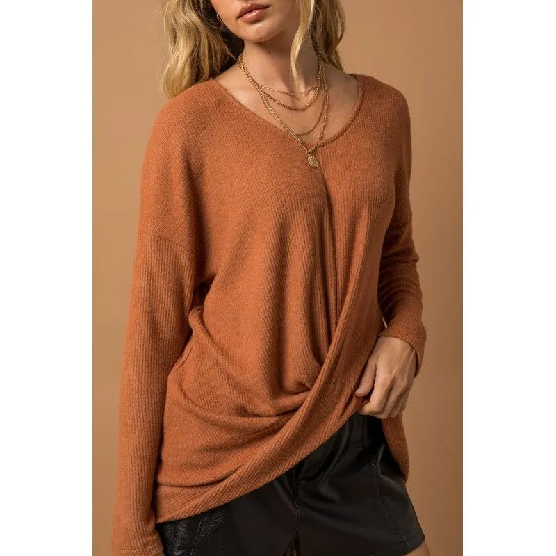 Long Sleeve V-Neck Draped Top
