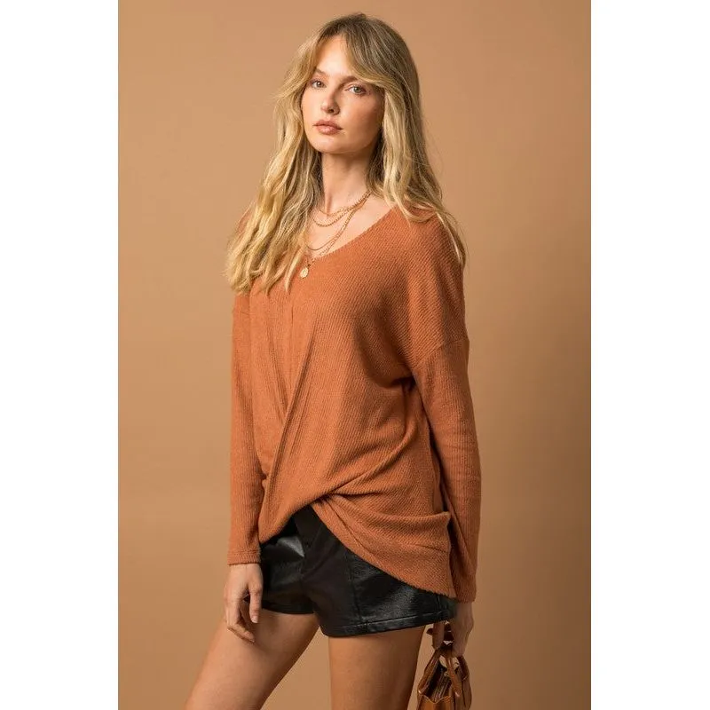 Long Sleeve V-Neck Draped Top