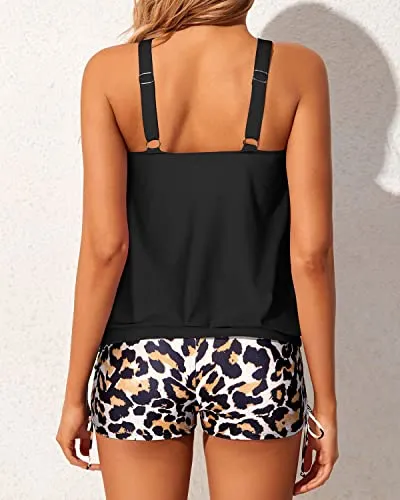 Loose And Comfy Tankini Swimsuits Boyshorts For Women-Black And Leopard