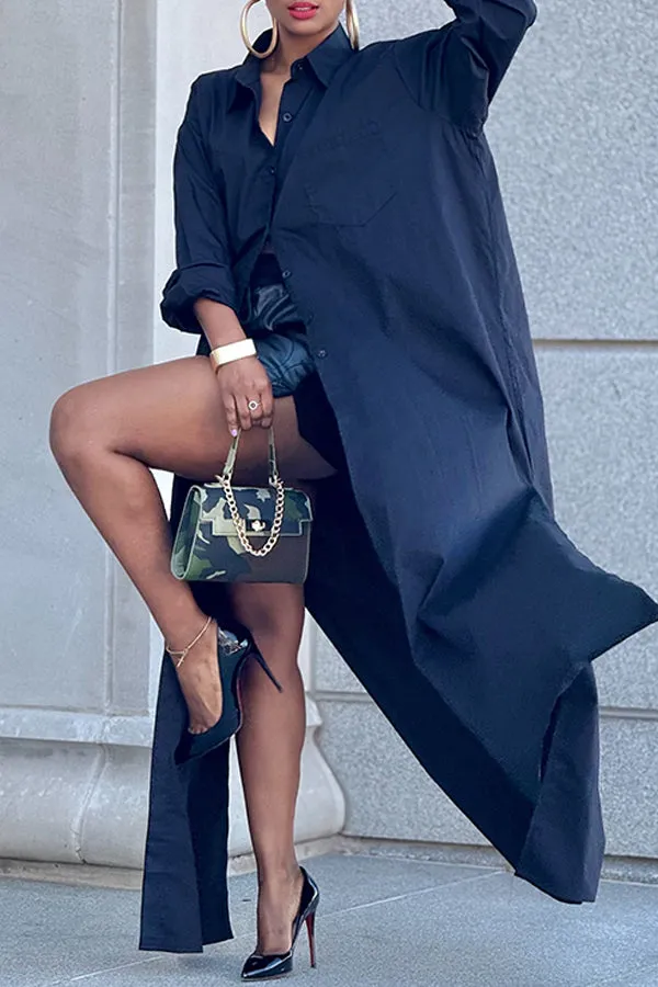 M-slit Hem Button Up Long Blouse