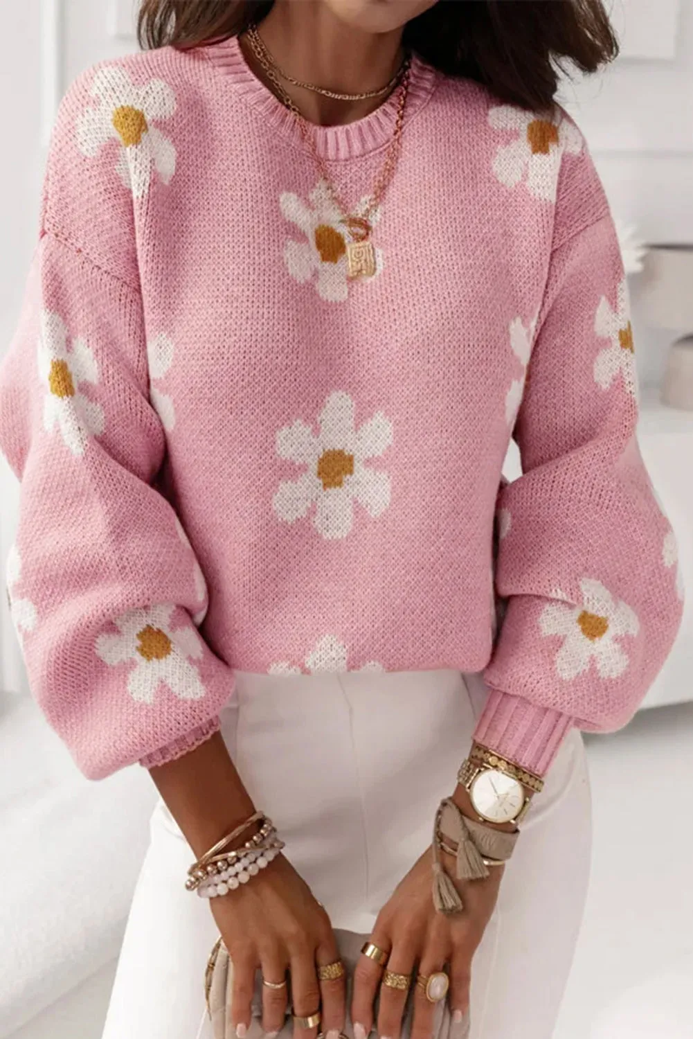 Mariah Floral Pattern Drop Shoulder Sweater