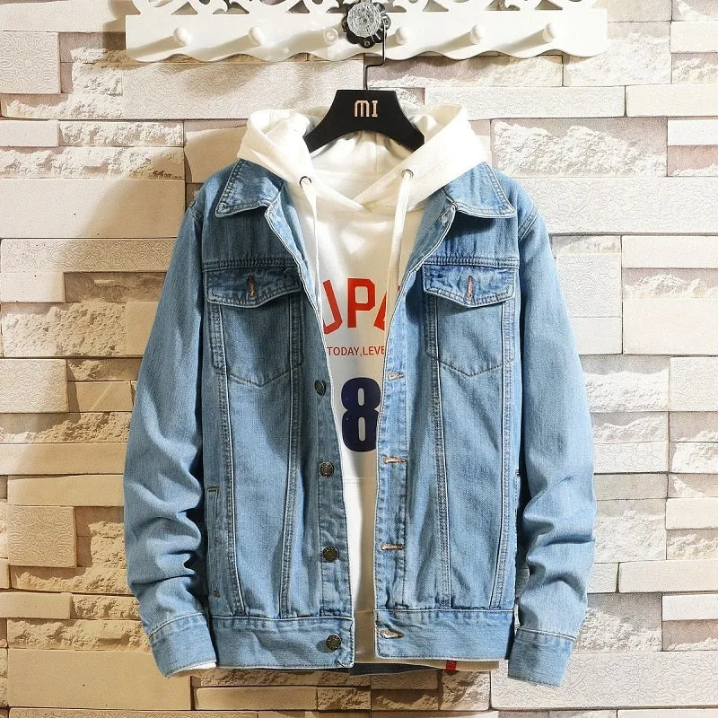 Men Blue Denim Jackets and Coats New Spring Autumn Outwear Casual Jean Jackets Men Cotton Solid Black Denim Coats Size