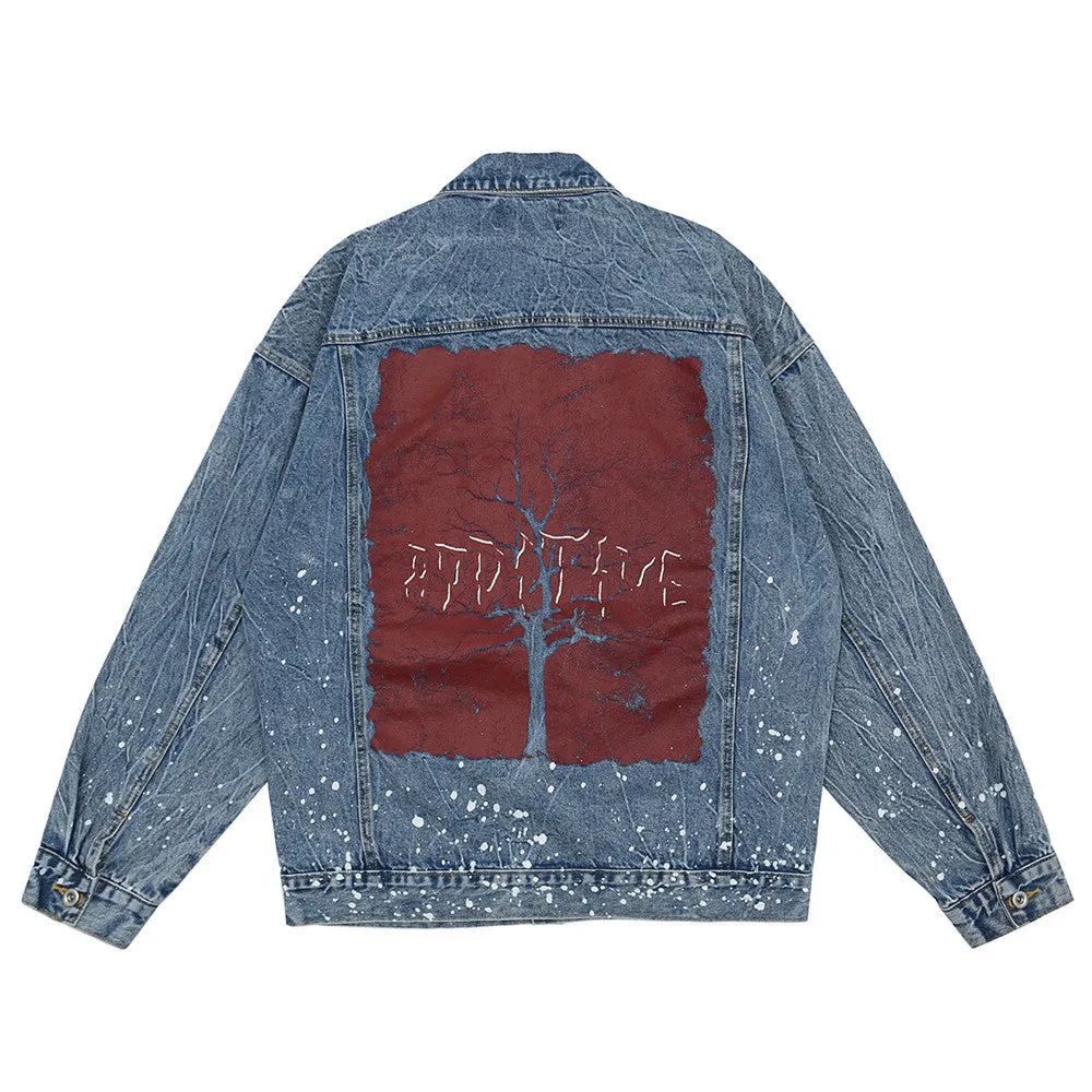 Men Denim Coat Jean Jackets Big Tree Printed Denim Jacket Men's I Jacket Dark Depressed Loose Denim Jacket