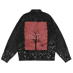 Men Denim Coat Jean Jackets Big Tree Printed Denim Jacket Men's I Jacket Dark Depressed Loose Denim Jacket