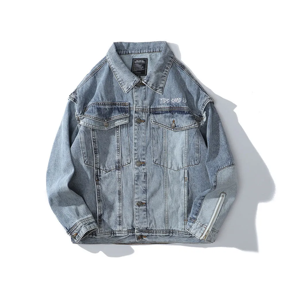 Men Denim Coat Jean Jackets Detachable Cuff Stitching Denim Clothing Men Street Reflective Stripe Overalls Harajuku Style Loose Jacket
