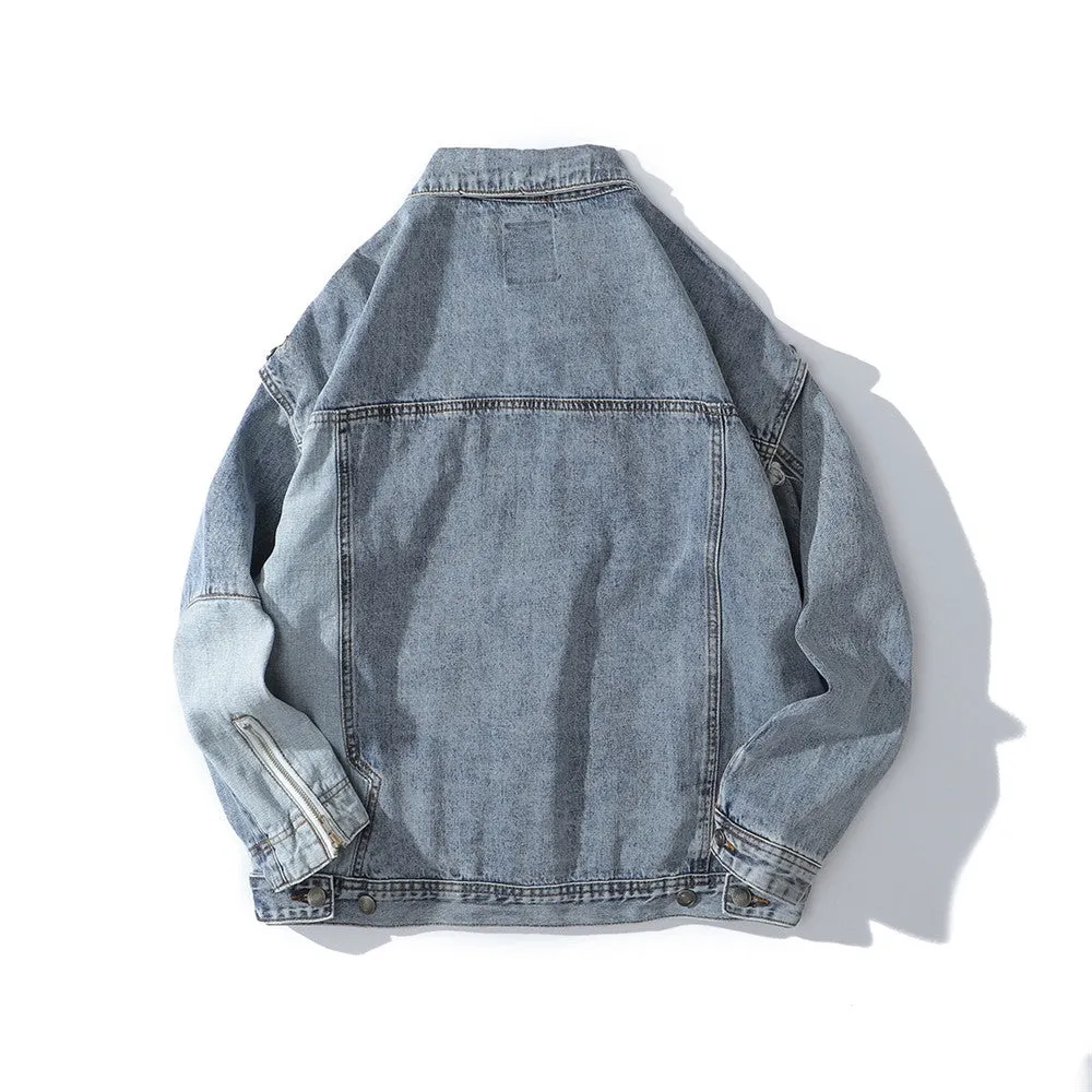 Men Denim Coat Jean Jackets Detachable Cuff Stitching Denim Clothing Men Street Reflective Stripe Overalls Harajuku Style Loose Jacket