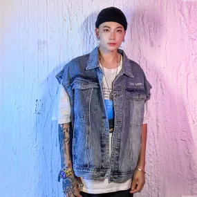 Men Denim Coat Jean Jackets Detachable Cuff Stitching Denim Clothing Men Street Reflective Stripe Overalls Harajuku Style Loose Jacket
