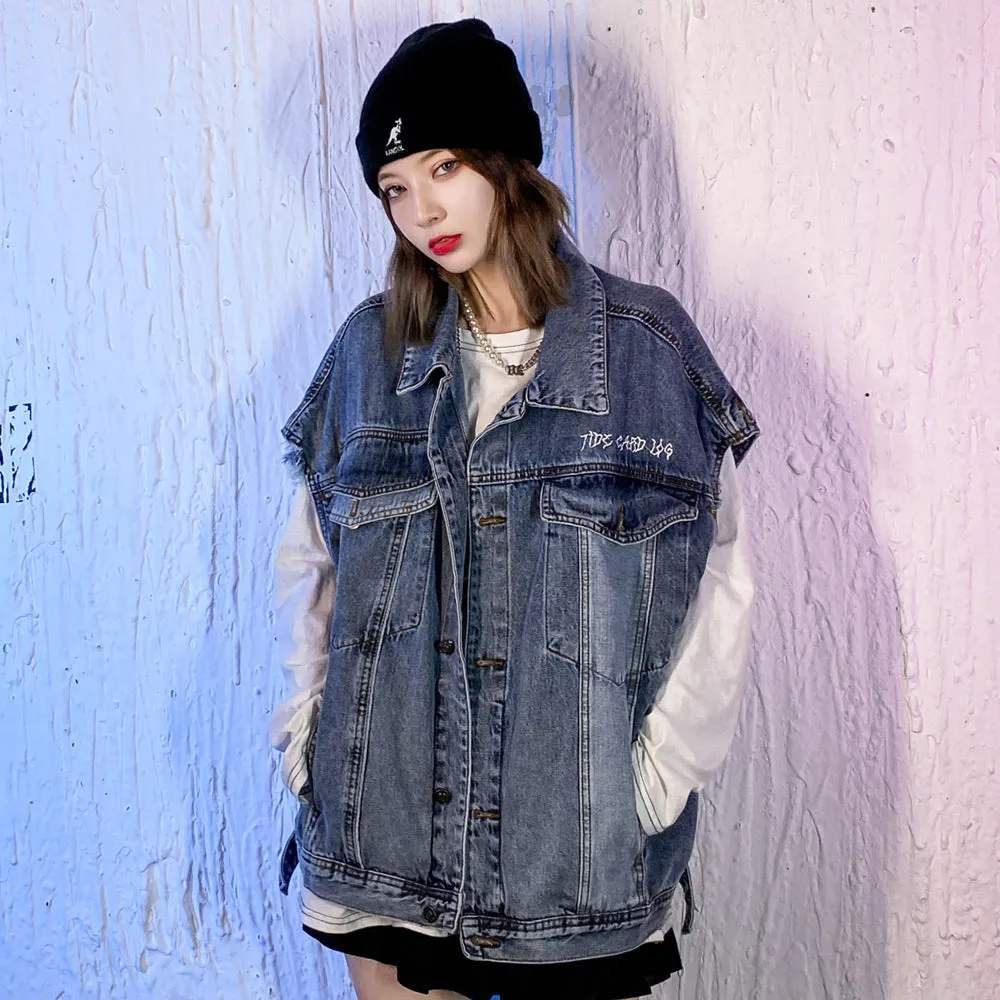 Men Denim Coat Jean Jackets Detachable Cuff Stitching Denim Clothing Men Street Reflective Stripe Overalls Harajuku Style Loose Jacket