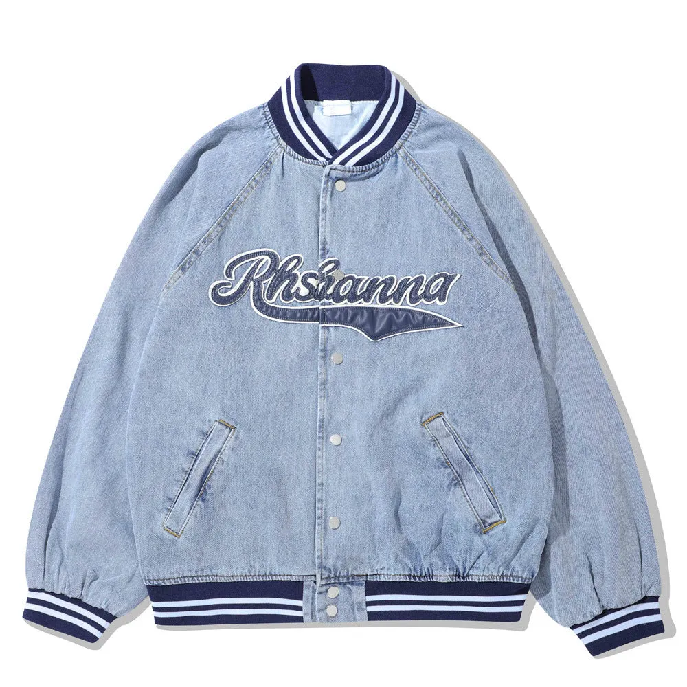 Men Denim Coat Jean Jackets Letter Embroidered Washed Do the Old Cowboy Coat Men Loose Lapel Baseball Uniform Jacket