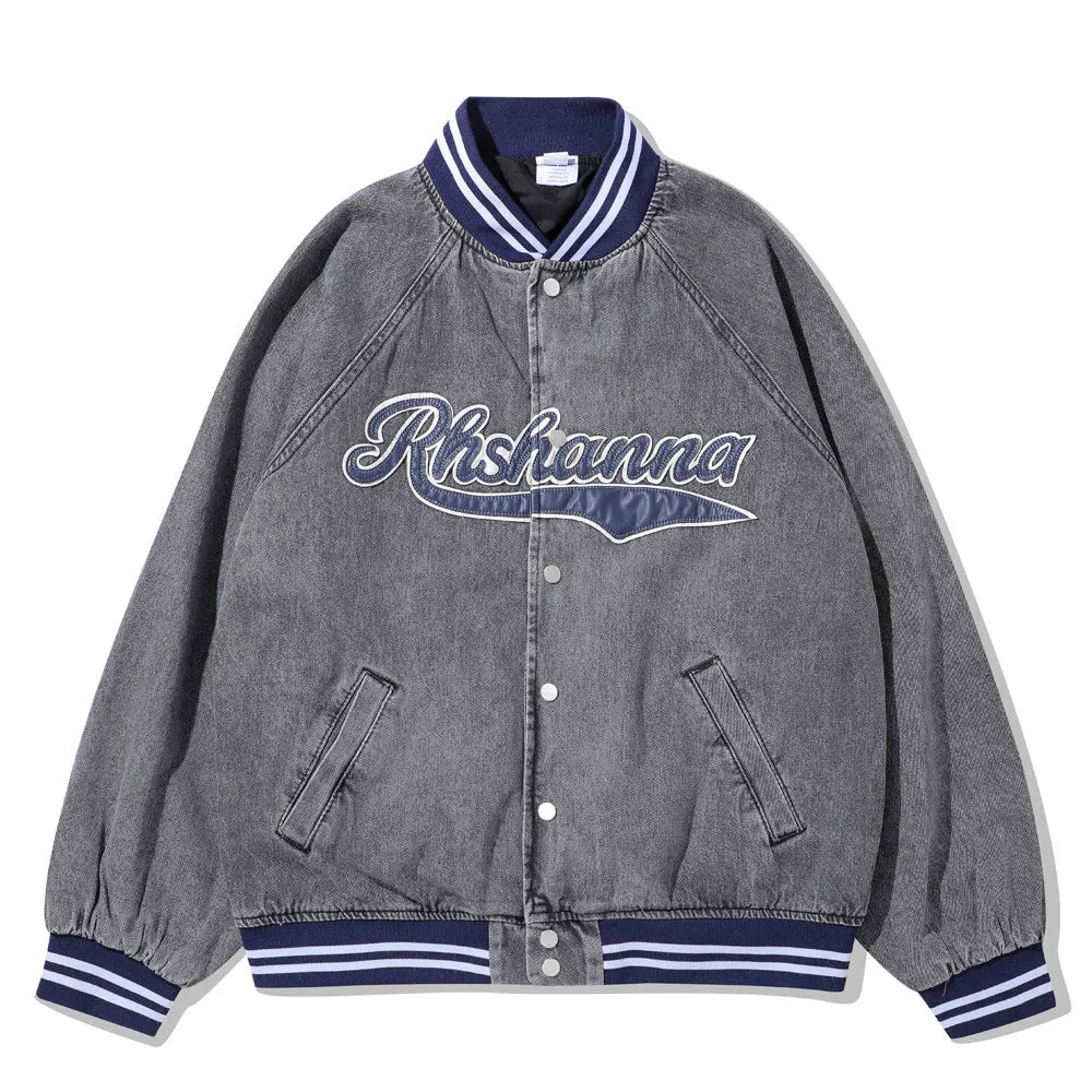 Men Denim Coat Jean Jackets Letter Embroidered Washed Do the Old Cowboy Coat Men Loose Lapel Baseball Uniform Jacket