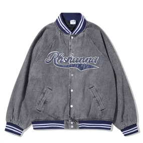 Men Denim Coat Jean Jackets Letter Embroidered Washed Do the Old Cowboy Coat Men Loose Lapel Baseball Uniform Jacket