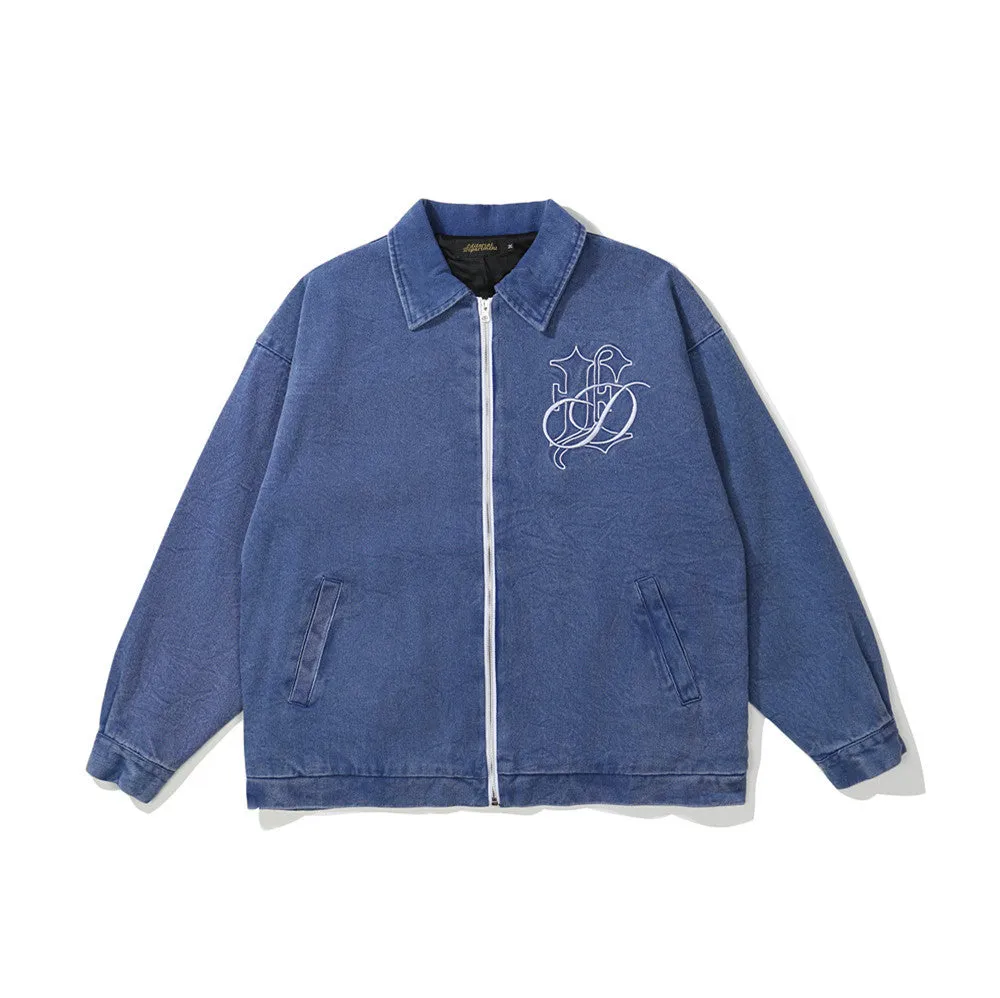 Men Denim Coat Jean Jackets Letter Embroidery Washed Do the Old Cowboy Coat Men Loose Lapels Denim Clothes Jacket